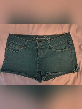 American Eagle Teal Green Denim Shorts with White Stitching